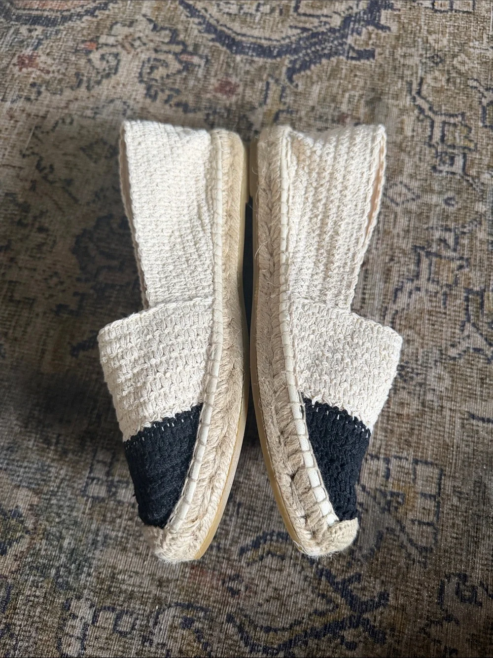 J. Crew Made-in-Spain two-tone crochet espadrilles Black Ivory Multi Sz 8 NEW